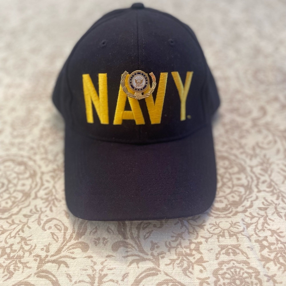 US Navy Embroidered ball cap with US Navy wreath pin. Velcro back OS